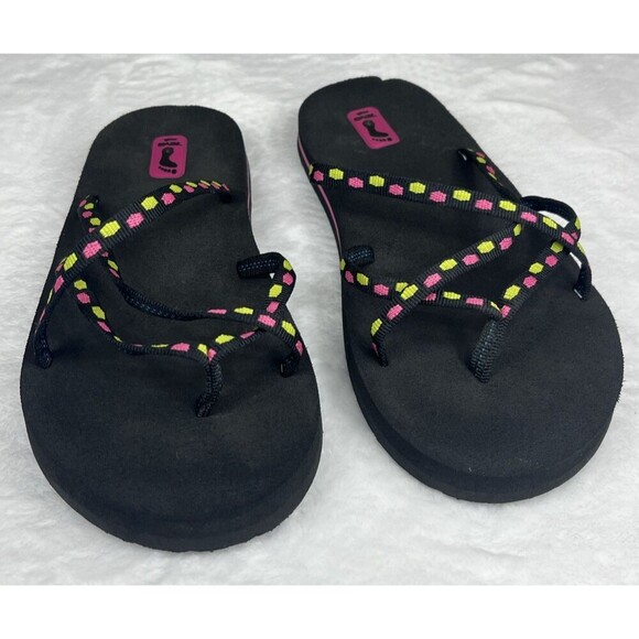 Teva Women's Flip Flops Sandal Black Pink Green Size 5 - Picture 1 of 7